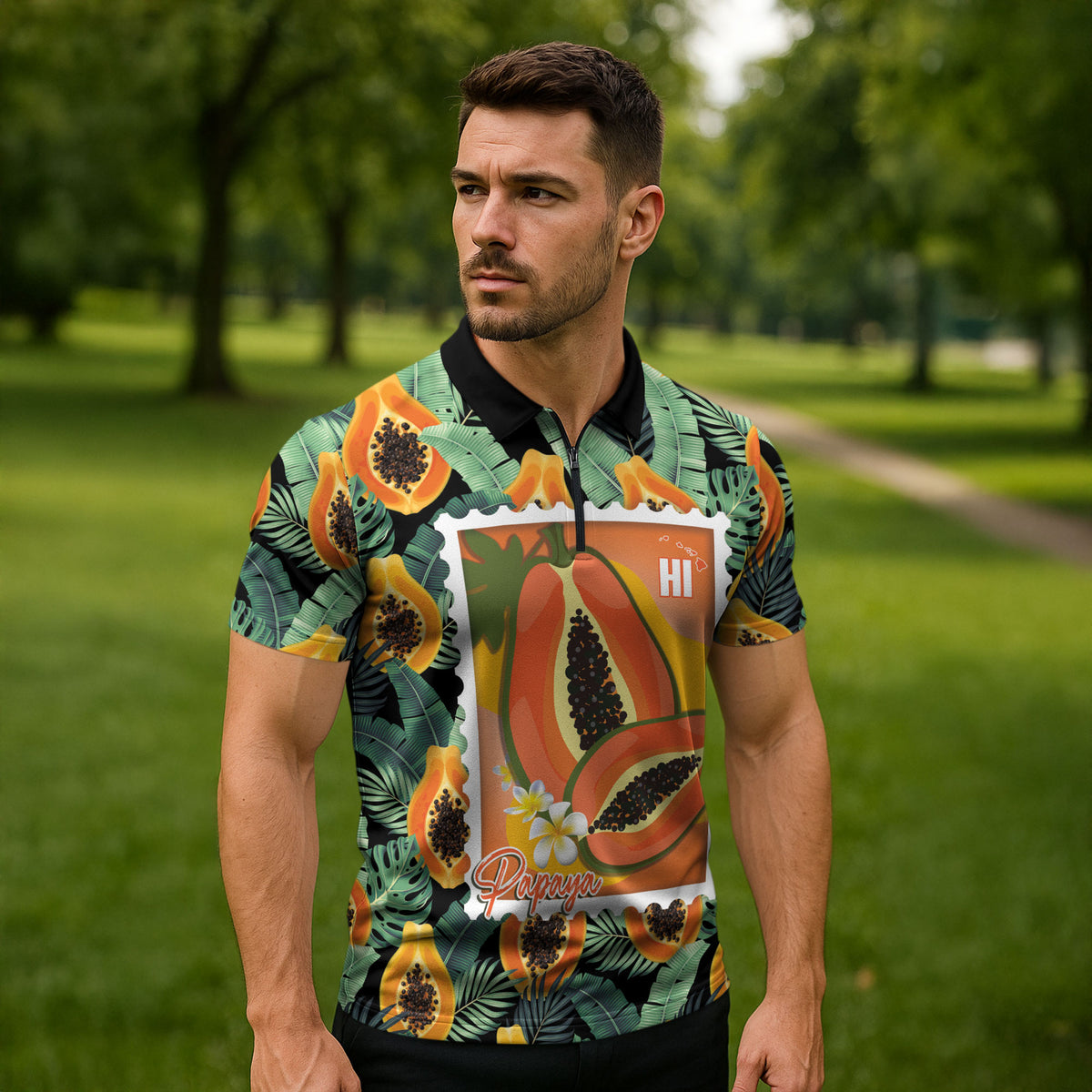 Aloha Hawaii Mikana Zipper Polo Shirt Hawaiian Papaya Stylized Stamp LT14 - Polynesian Pride