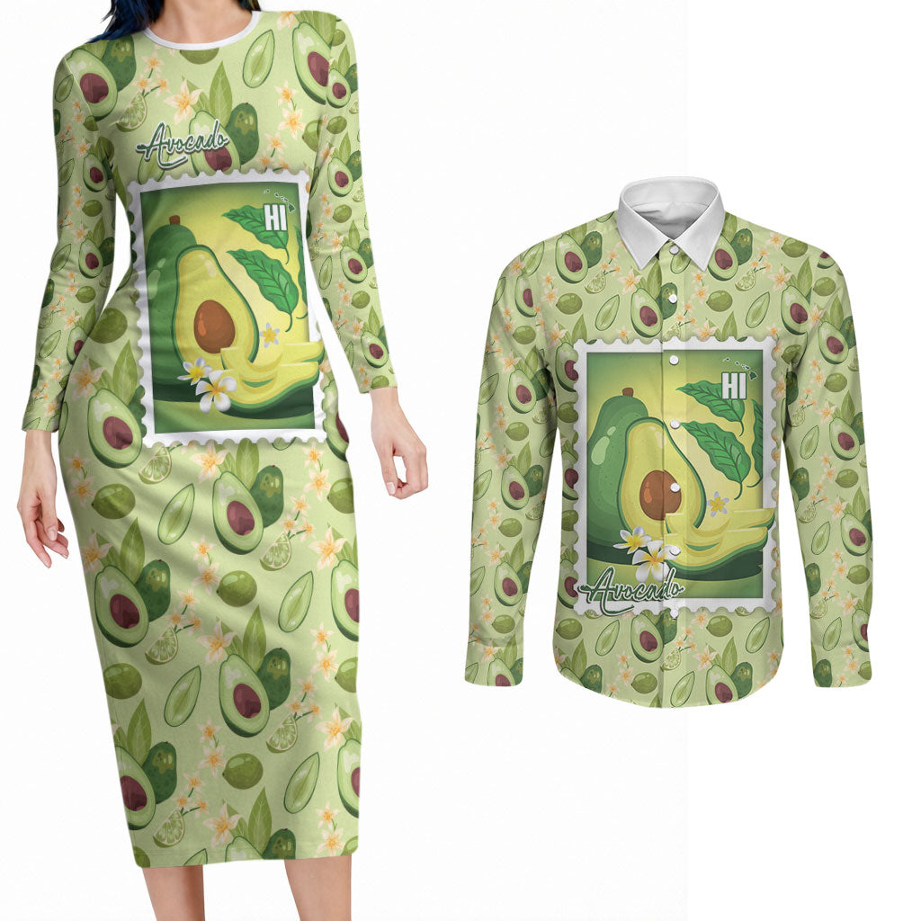 Aloha Hawaii Avocado Couples Matching Long Sleeve Bodycon Dress and Long Sleeve Button Shirt Hawaiian Fruit Stylized Stamp LT14 Green - Polynesian Pride