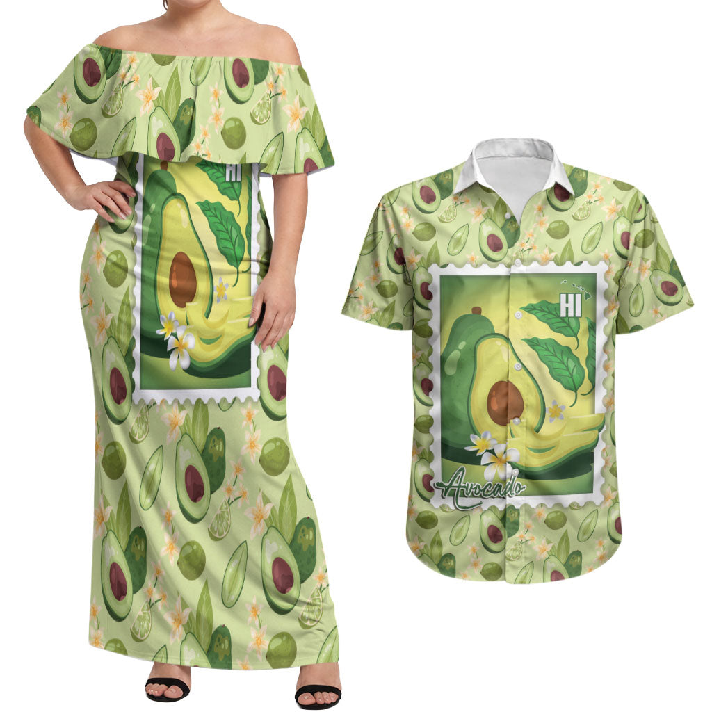 Aloha Hawaii Avocado Couples Matching Off Shoulder Maxi Dress and Hawaiian Shirt Hawaiian Fruit Stylized Stamp LT14 Green - Polynesian Pride