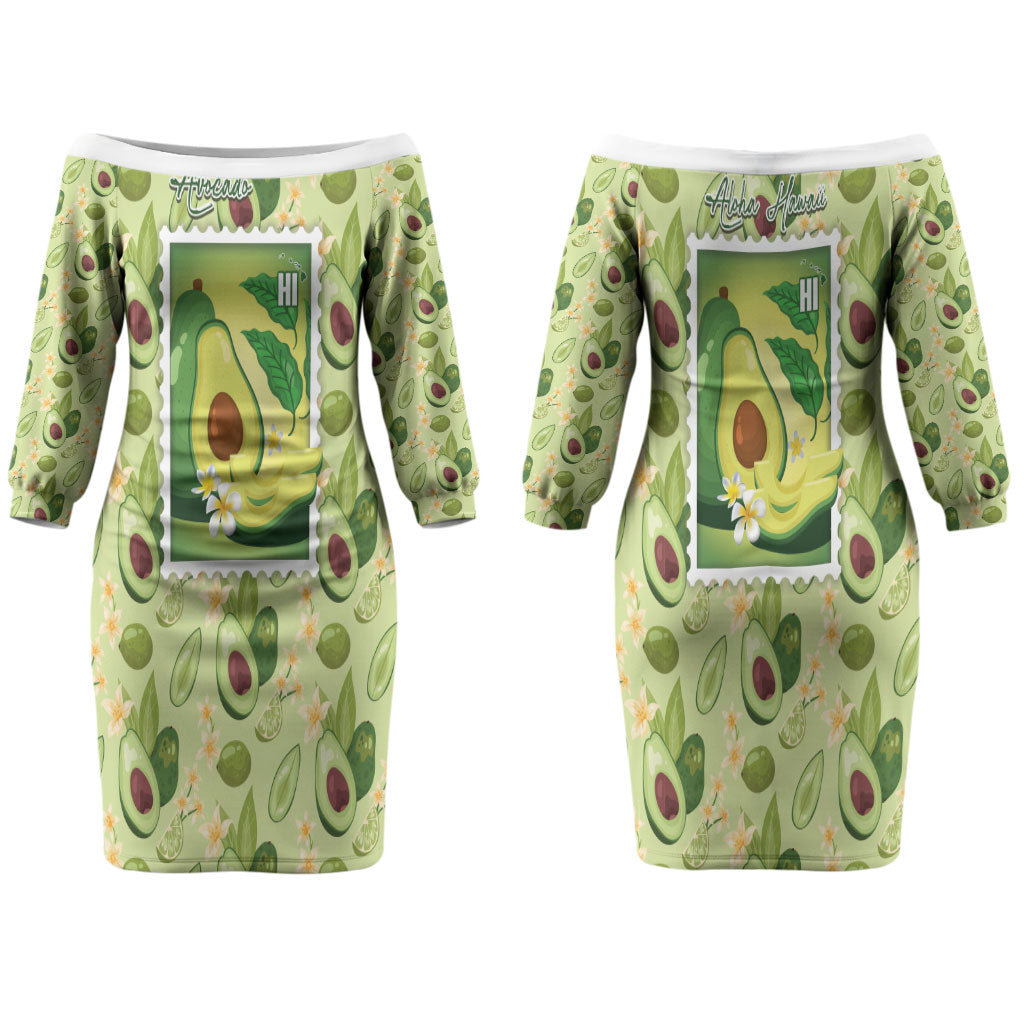 Aloha Hawaii Avocado Couples Matching Off The Shoulder Long Sleeve Dress and Long Sleeve Button Shirt Hawaiian Fruit Stylized Stamp LT14 - Polynesian Pride