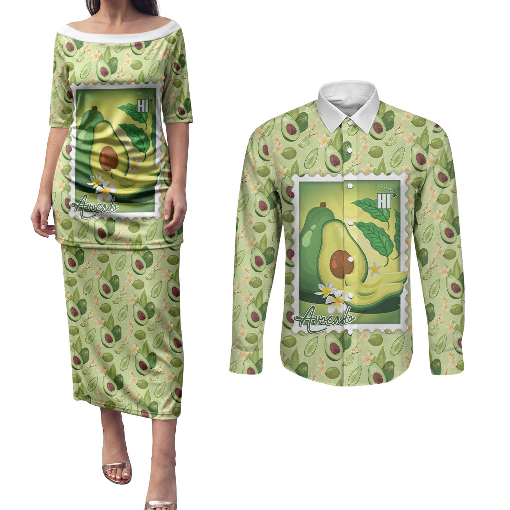 Aloha Hawaii Avocado Couples Matching Puletasi and Long Sleeve Button Shirt Hawaiian Fruit Stylized Stamp LT14 Green - Polynesian Pride