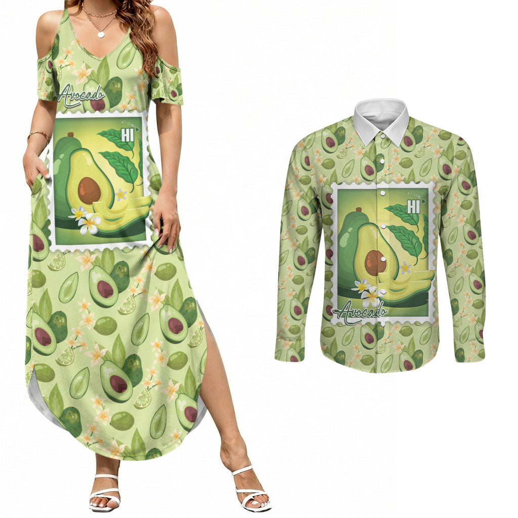 Aloha Hawaii Avocado Couples Matching Summer Maxi Dress and Long Sleeve Button Shirt Hawaiian Fruit Stylized Stamp LT14 Green - Polynesian Pride