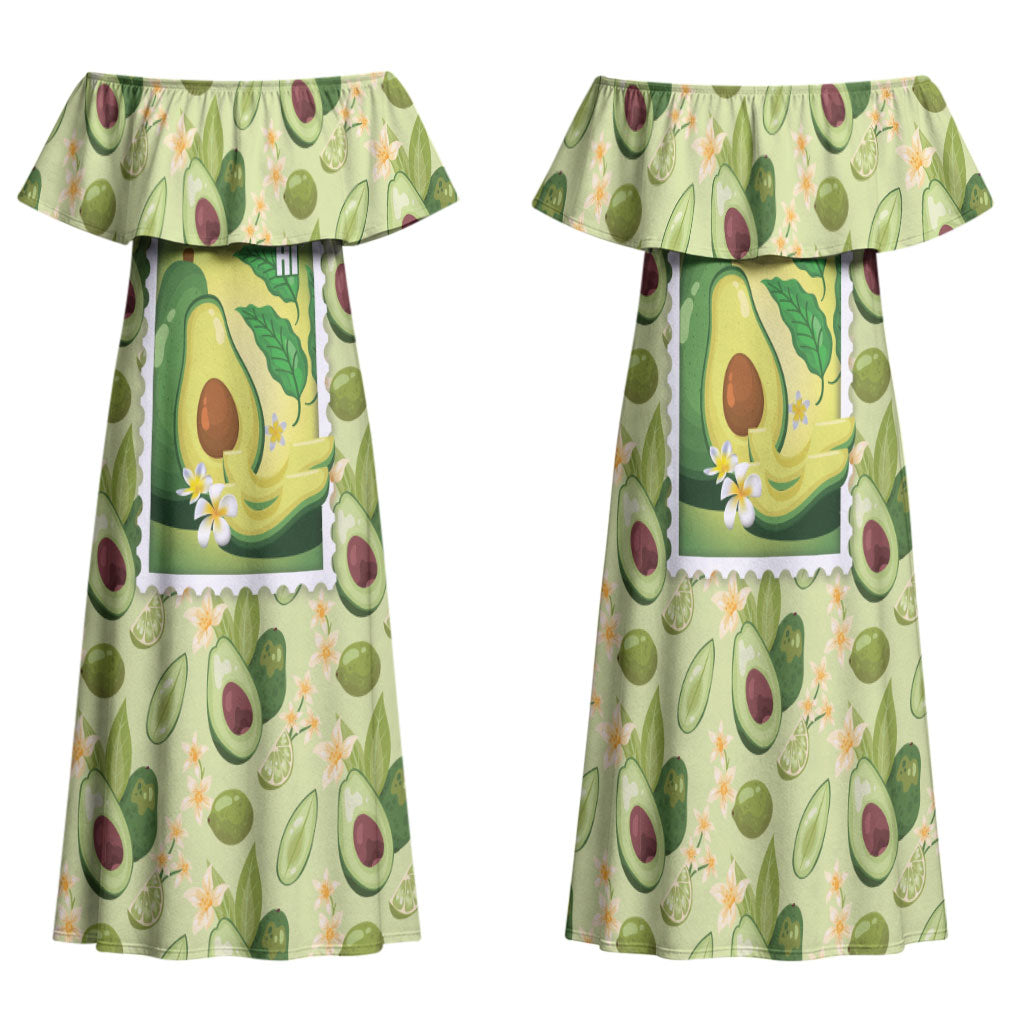 Aloha Hawaii Avocado Family Matching Off Shoulder Maxi Dress and Hawaiian Shirt Hawaiian Fruit Stylized Stamp LT14 Mom's Dress Green - Polynesian Pride