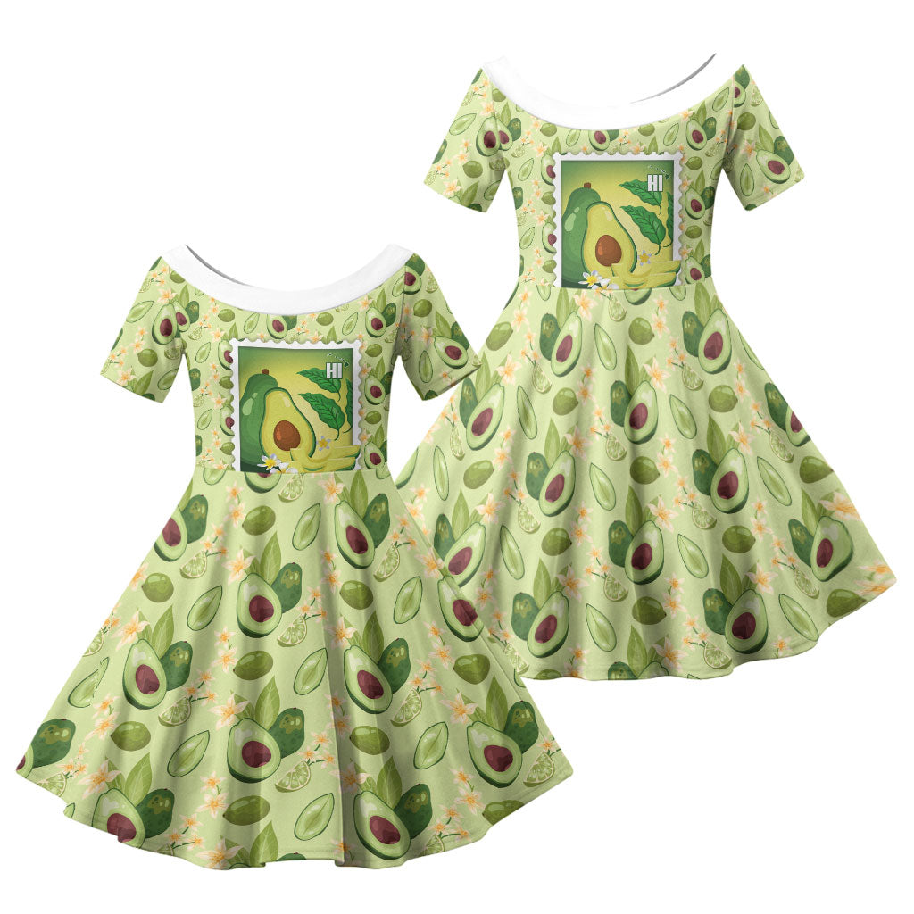 Aloha Hawaii Avocado Family Matching Off Shoulder Maxi Dress and Hawaiian Shirt Hawaiian Fruit Stylized Stamp LT14 Daughter's Dress Green - Polynesian Pride