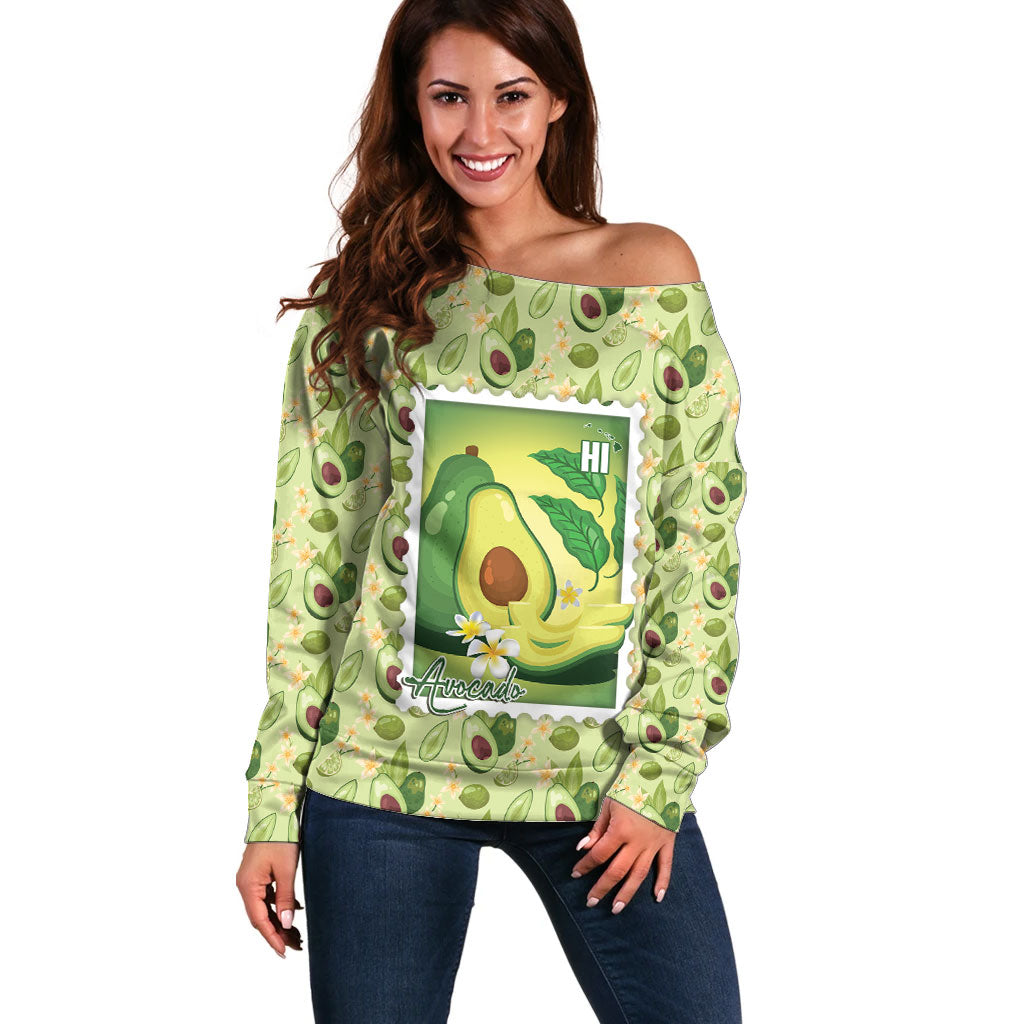 Aloha Hawaii Avocado Off Shoulder Sweater Hawaiian Fruit Stylized Stamp LT14 Women Green - Polynesian Pride
