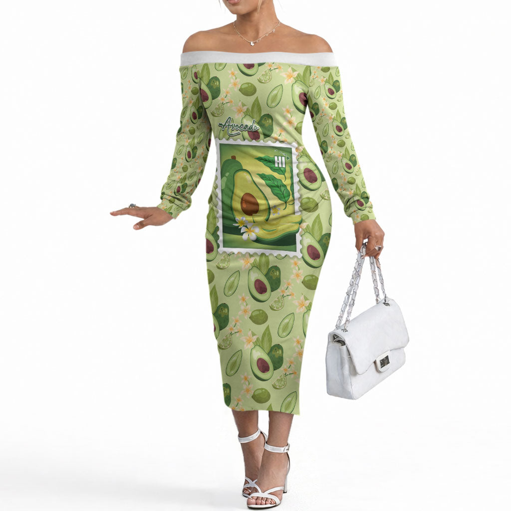 Aloha Hawaii Avocado Off The Shoulder Long Sleeve Dress Hawaiian Fruit Stylized Stamp