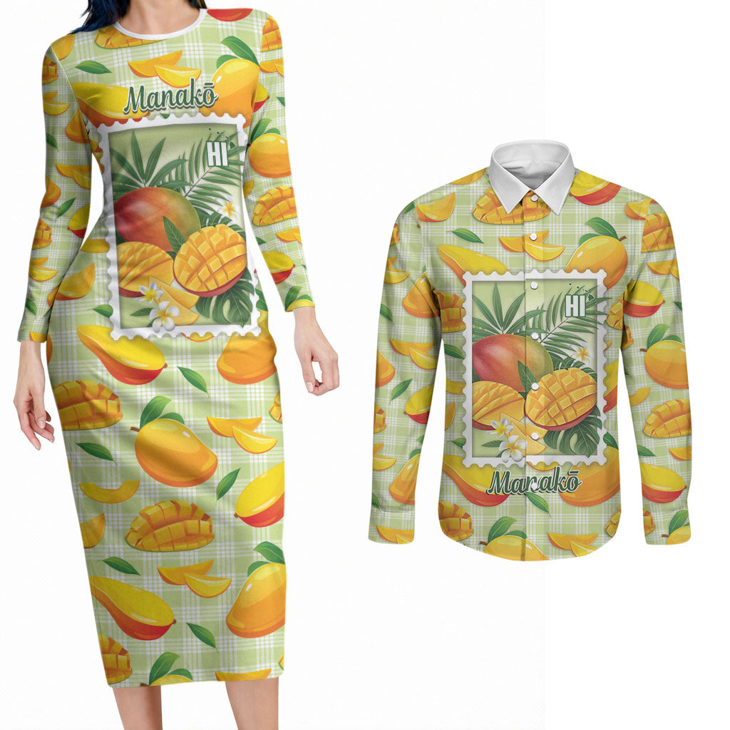Aloha Hawaii Manako Palaka Motifs Couples Matching Long Sleeve Bodycon Dress and Long Sleeve Button Shirt Hawaiian Mango Stylized Stamp LT14 Yellow - Polynesian Pride