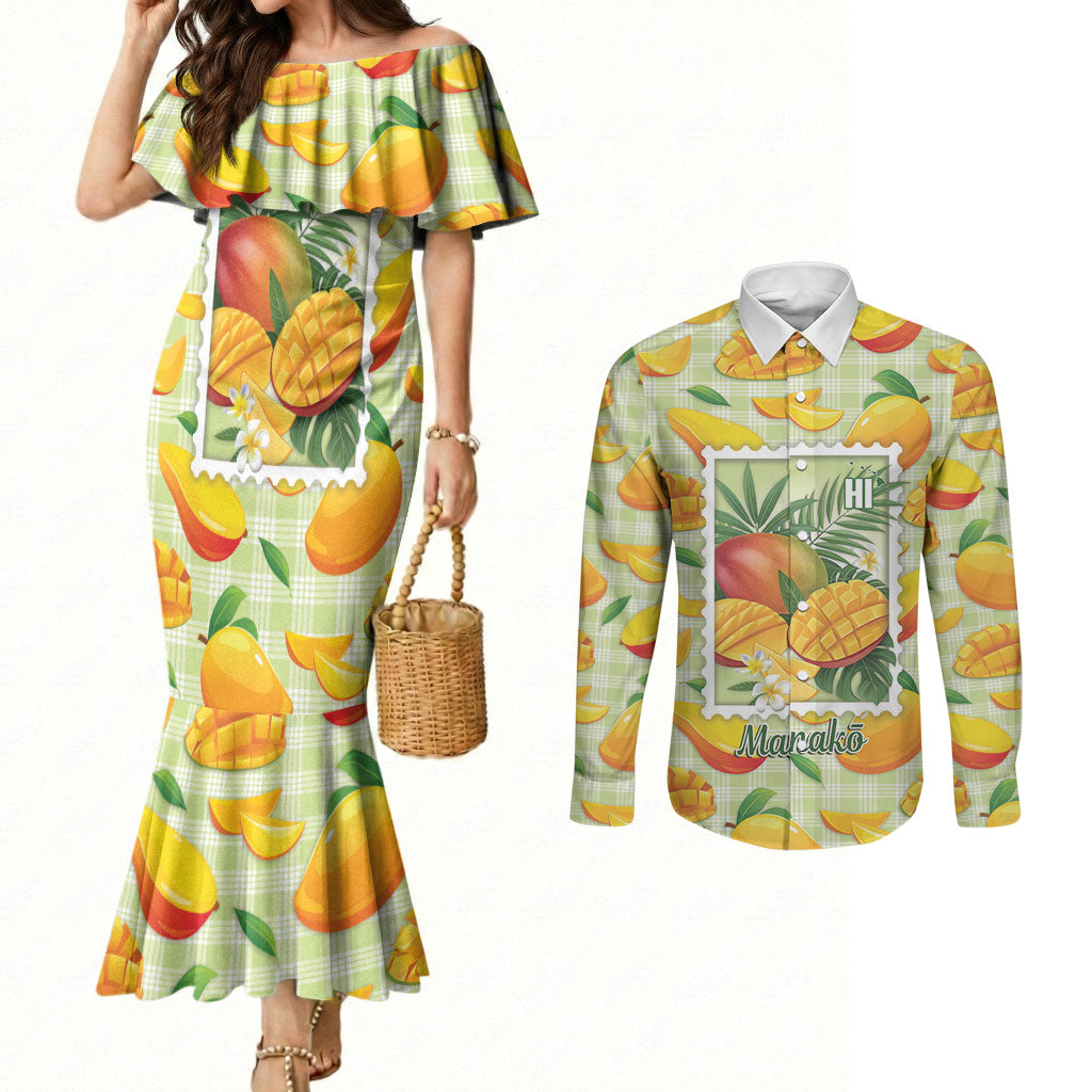 Aloha Hawaii Manako Palaka Motifs Couples Matching Mermaid Dress and Long Sleeve Button Shirt Hawaiian Mango Stylized Stamp LT14 Yellow - Polynesian Pride