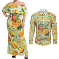 Aloha Hawaii Manako Palaka Motifs Couples Matching Off Shoulder Maxi Dress and Long Sleeve Button Shirt Hawaiian Mango Stylized Stamp LT14 Yellow - Polynesian Pride