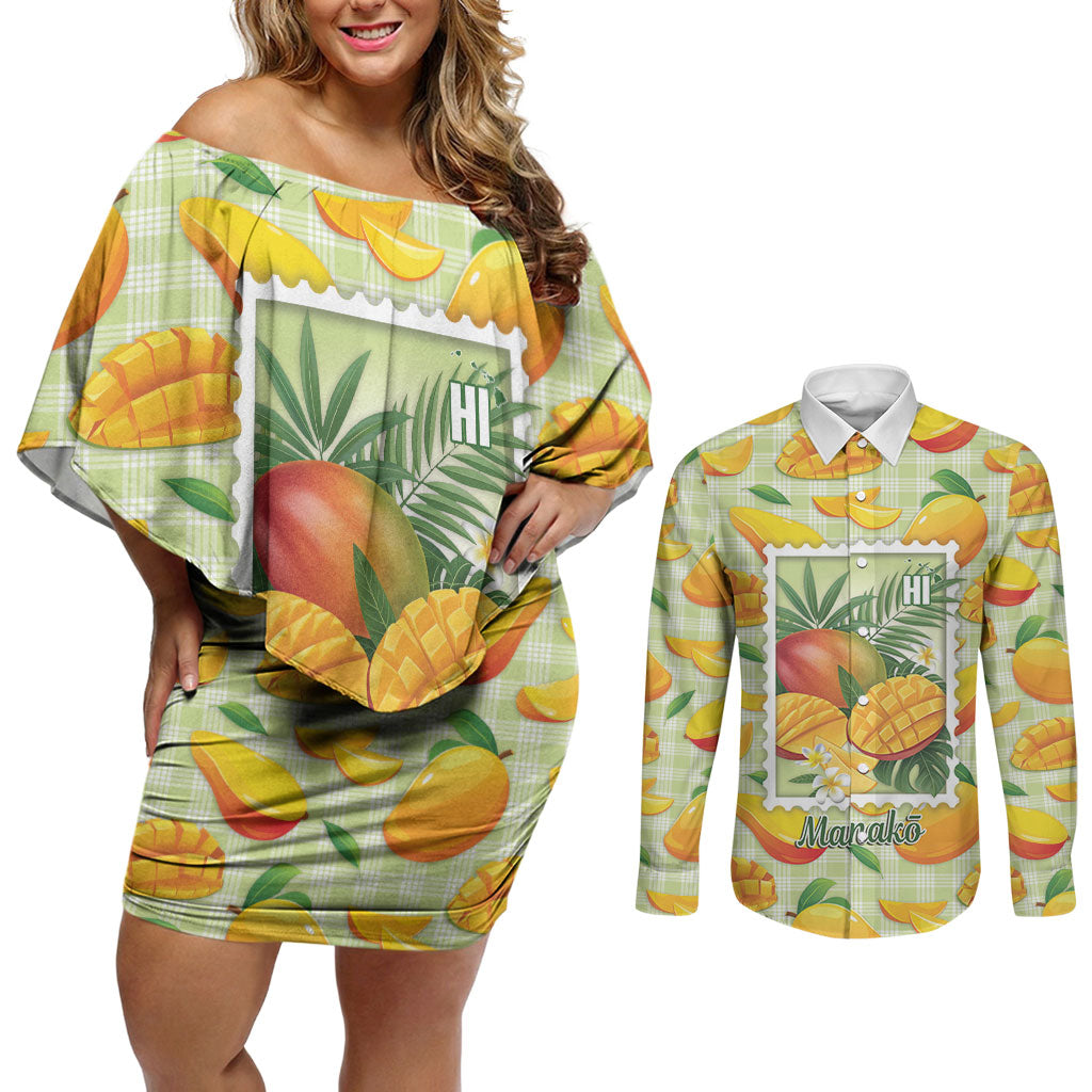 Aloha Hawaii Manako Palaka Motifs Couples Matching Off Shoulder Short Dress and Long Sleeve Button Shirt Hawaiian Mango Stylized Stamp LT14 Yellow - Polynesian Pride
