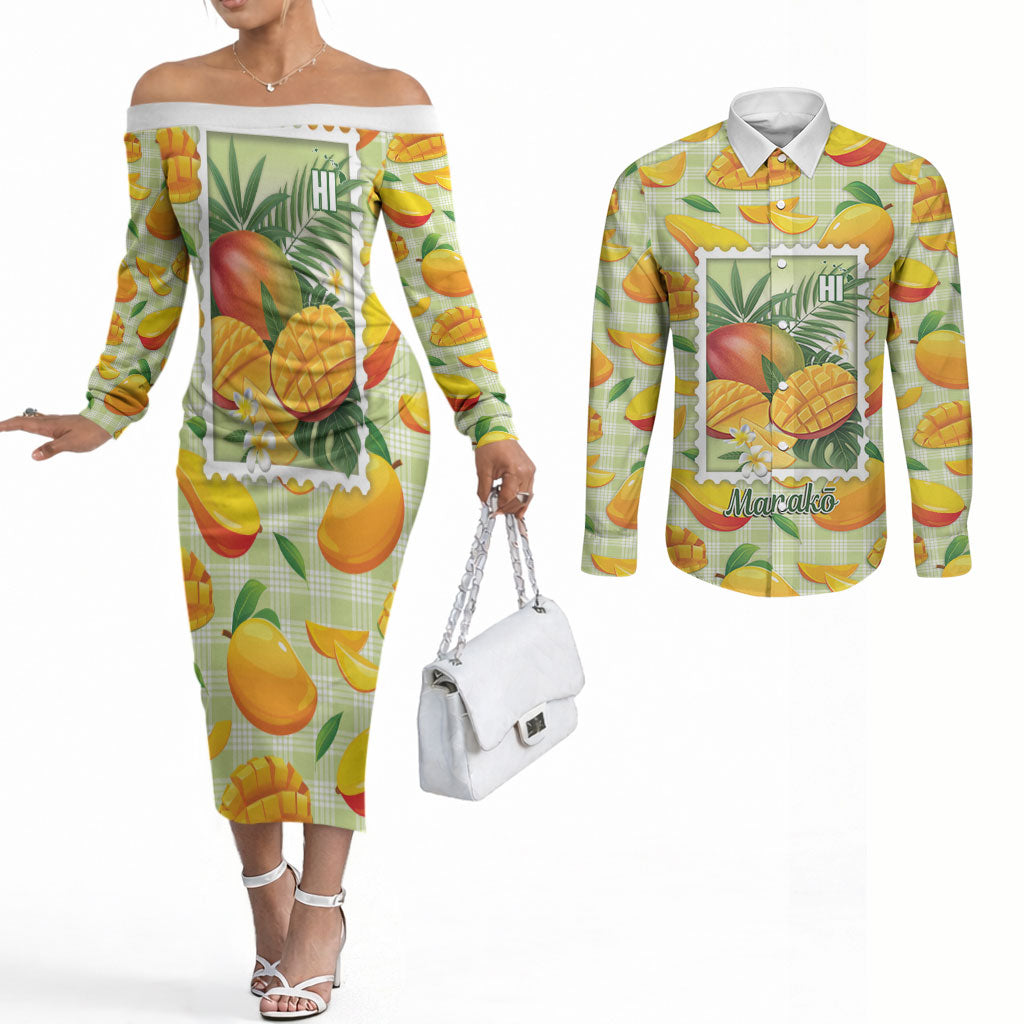 Aloha Hawaii Manako Palaka Motifs Couples Matching Off The Shoulder Long Sleeve Dress and Long Sleeve Button Shirt Hawaiian Mango Stylized Stamp LT14 Yellow - Polynesian Pride
