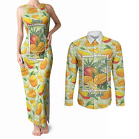 Aloha Hawaii Manako Palaka Motifs Couples Matching Tank Maxi Dress and Long Sleeve Button Shirt Hawaiian Mango Stylized Stamp LT14 Yellow - Polynesian Pride