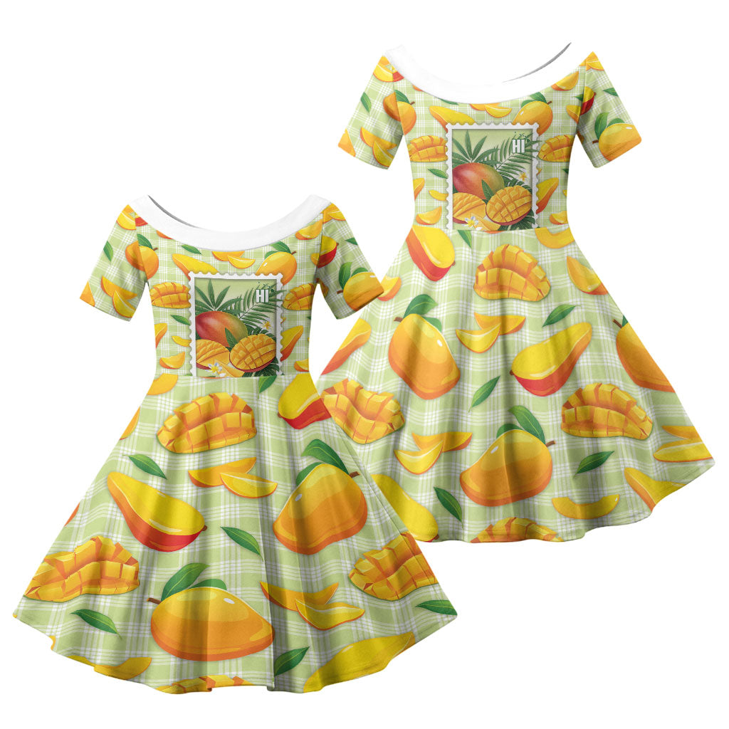 Aloha Hawaii Manako Palaka Motifs Family Matching Off Shoulder Short Dress and Hawaiian Shirt Hawaiian Mango Stylized Stamp LT14 Daughter's Dress Yellow - Polynesian Pride