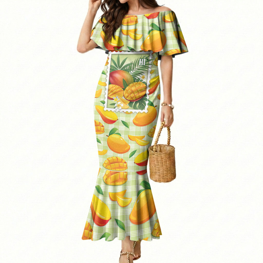 Aloha Hawaii Manako Palaka Motifs Mermaid Dress Hawaiian Mango Stylized Stamp LT14 Women Yellow - Polynesian Pride