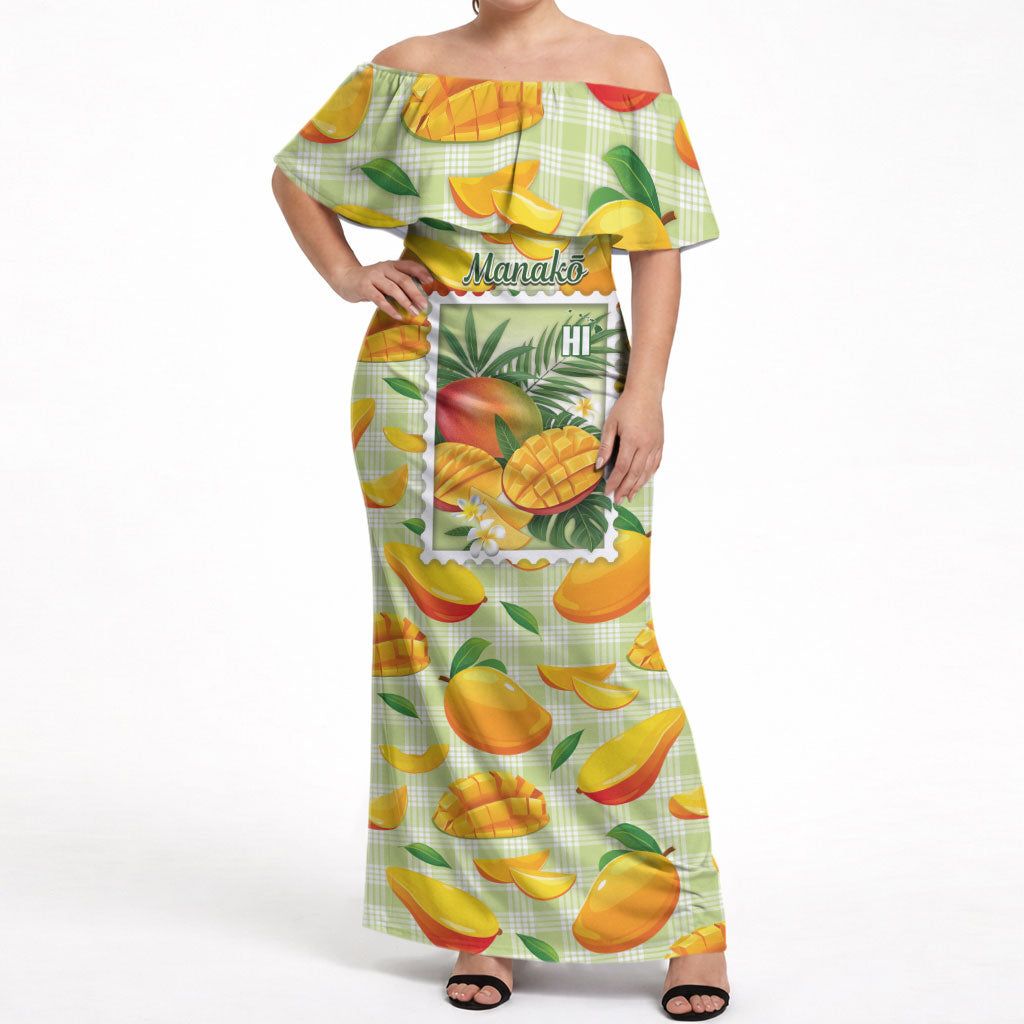 Aloha Hawaii Manako Palaka Motifs Off Shoulder Maxi Dress Hawaiian Mango Stylized Stamp LT14 Women Yellow - Polynesian Pride