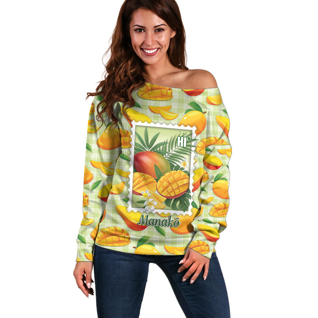 Aloha Hawaii Manako Palaka Motifs Off Shoulder Sweater Hawaiian Mango Stylized Stamp LT14 Women Yellow - Polynesian Pride