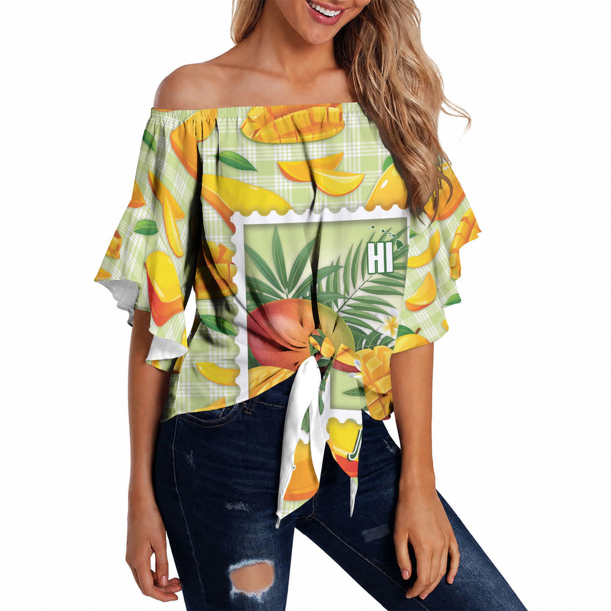 Aloha Hawaii Manako Palaka Motifs Off Shoulder Wrap Waist Top Hawaiian Mango Stylized Stamp LT14 Yellow - Polynesian Pride