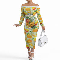 Aloha Hawaii Manako Palaka Motifs Off The Shoulder Long Sleeve Dress Hawaiian Mango Stylized Stamp LT14 Women Yellow - Polynesian Pride