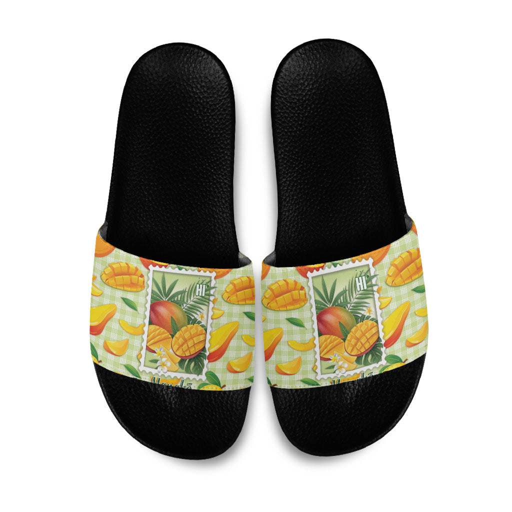 Aloha Hawaii Manako Palaka Motifs Slide Sandals Hawaiian Mango Stylized Stamp LT14 Yellow - Polynesian Pride