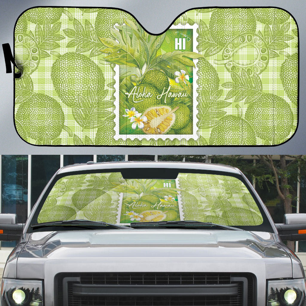Aloha Hawaii Ulu Palaka Motifs Auto Sun Shade Hawaiian Breadfruit Stylized Stamp LT14 Green - Polynesian Pride