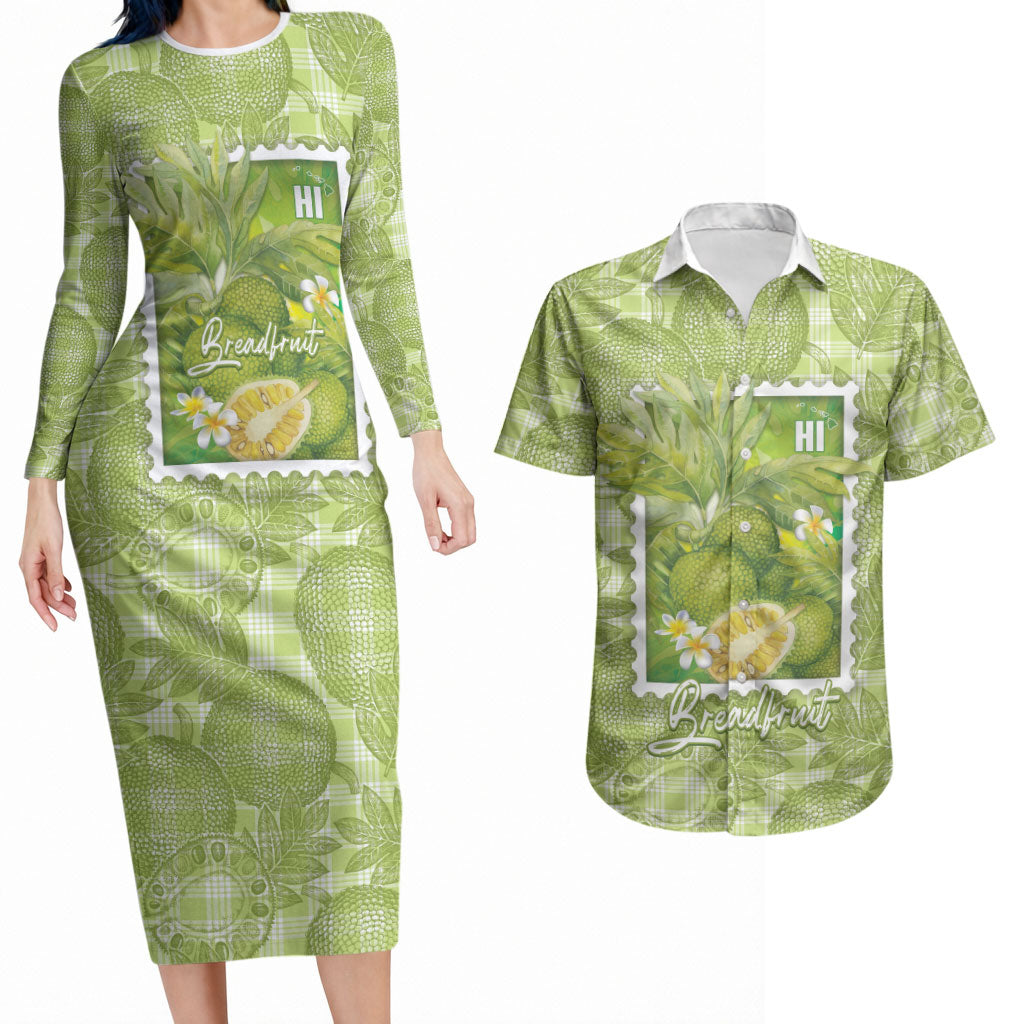 Aloha Hawaii Ulu Palaka Motifs Couples Matching Long Sleeve Bodycon Dress and Hawaiian Shirt Hawaiian Breadfruit Stylized Stamp LT14 Green - Polynesian Pride