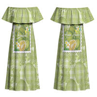 Aloha Hawaii Ulu Palaka Motifs Couples Matching Off Shoulder Maxi Dress and Hawaiian Shirt Hawaiian Breadfruit Stylized Stamp LT14 - Polynesian Pride