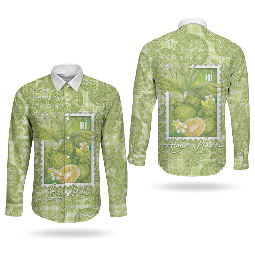 Aloha Hawaii Ulu Palaka Motifs Couples Matching Off Shoulder Maxi Dress and Long Sleeve Button Shirt Hawaiian Breadfruit Stylized Stamp LT14 - Polynesian Pride