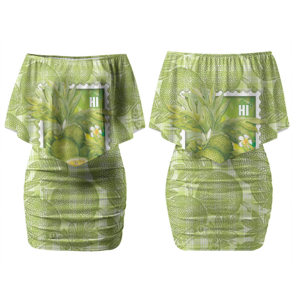 Aloha Hawaii Ulu Palaka Motifs Couples Matching Off Shoulder Short Dress and Long Sleeve Button Shirt Hawaiian Breadfruit Stylized Stamp LT14 - Polynesian Pride