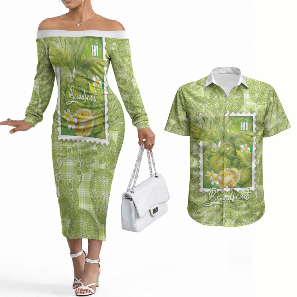 Aloha Hawaii Ulu Palaka Motifs Couples Matching Off The Shoulder Long Sleeve Dress and Hawaiian Shirt Hawaiian Breadfruit Stylized Stamp LT14 Green - Polynesian Pride