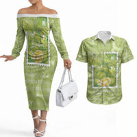 Aloha Hawaii Ulu Palaka Motifs Couples Matching Off The Shoulder Long Sleeve Dress and Hawaiian Shirt Hawaiian Breadfruit Stylized Stamp LT14 Green - Polynesian Pride