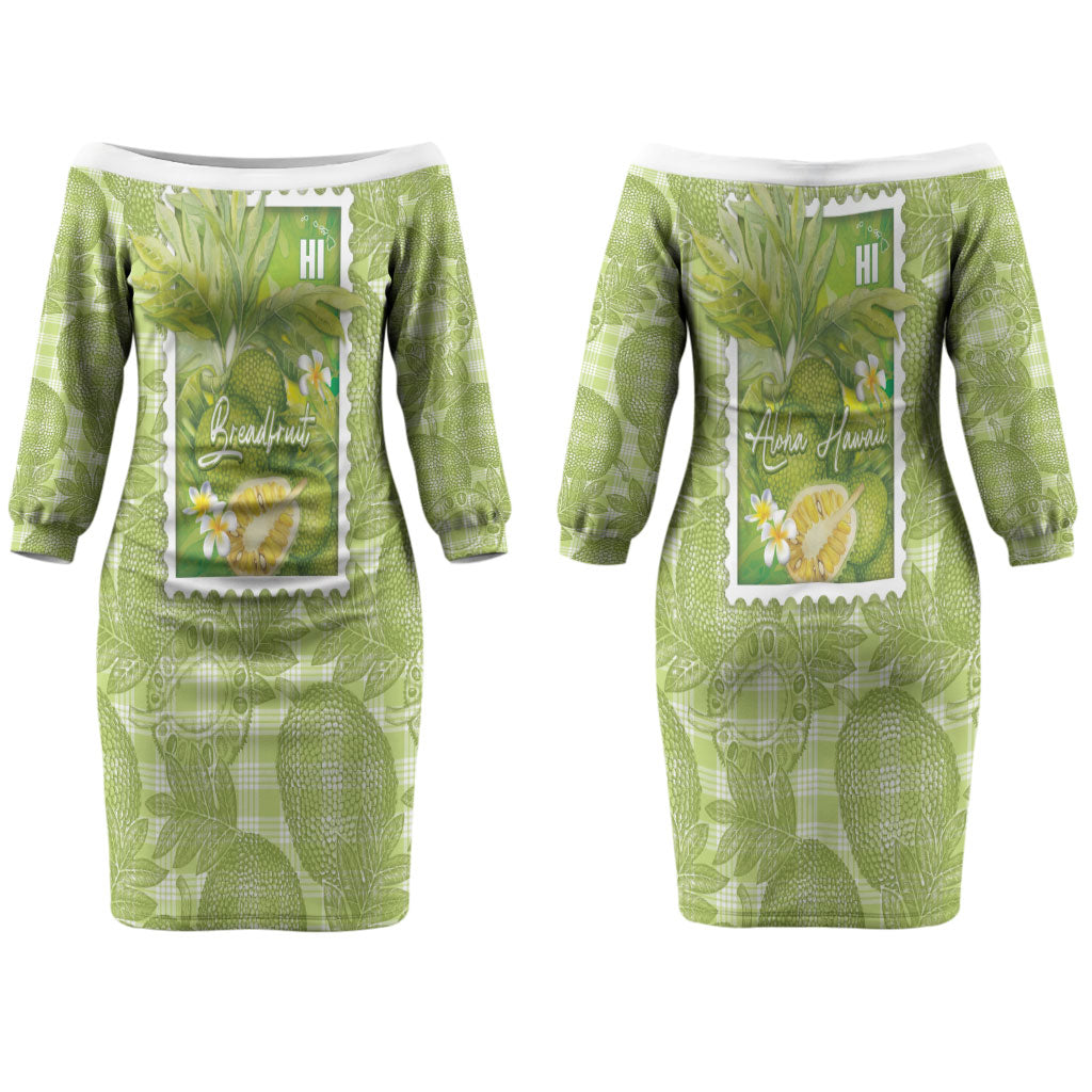 Aloha Hawaii Ulu Palaka Motifs Couples Matching Off The Shoulder Long Sleeve Dress and Hawaiian Shirt Hawaiian Breadfruit Stylized Stamp LT14 - Polynesian Pride