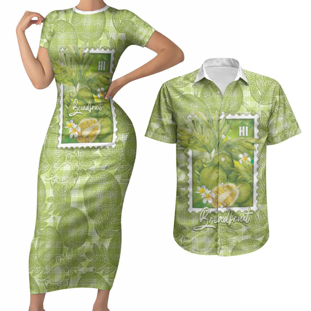 Aloha Hawaii Ulu Palaka Motifs Couples Matching Short Sleeve Bodycon Dress and Hawaiian Shirt Hawaiian Breadfruit Stylized Stamp LT14 Green - Polynesian Pride