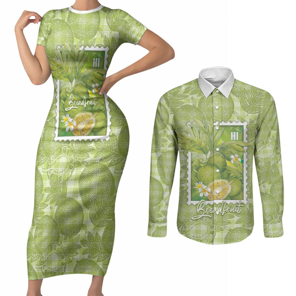 Aloha Hawaii Ulu Palaka Motifs Couples Matching Short Sleeve Bodycon Dress and Long Sleeve Button Shirt Hawaiian Breadfruit Stylized Stamp LT14 Green - Polynesian Pride