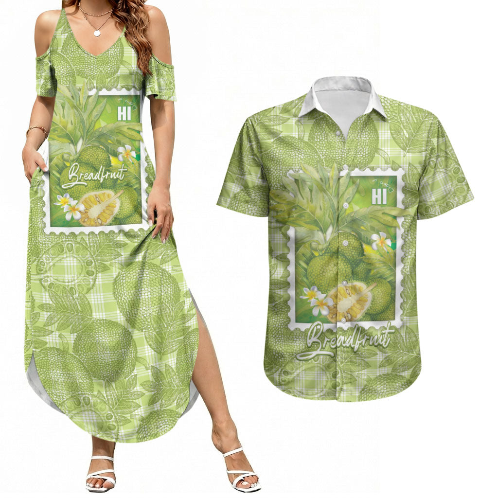 Aloha Hawaii Ulu Palaka Motifs Couples Matching Summer Maxi Dress and Hawaiian Shirt Hawaiian Breadfruit Stylized Stamp LT14 Green - Polynesian Pride