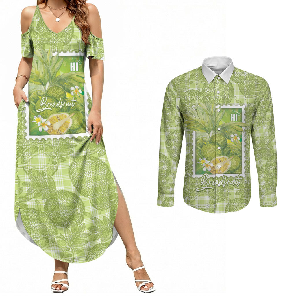 Aloha Hawaii Ulu Palaka Motifs Couples Matching Summer Maxi Dress and Long Sleeve Button Shirt Hawaiian Breadfruit Stylized Stamp LT14 Green - Polynesian Pride