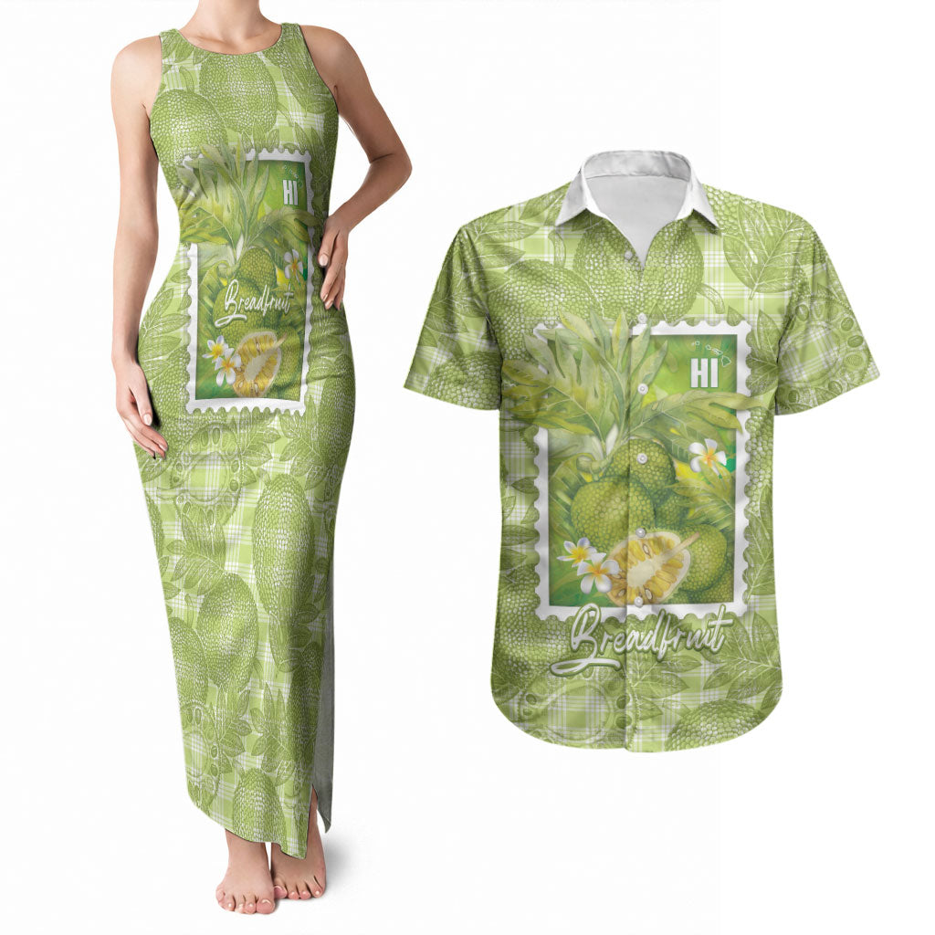Aloha Hawaii Ulu Palaka Motifs Couples Matching Tank Maxi Dress and Hawaiian Shirt Hawaiian Breadfruit Stylized Stamp LT14 Green - Polynesian Pride