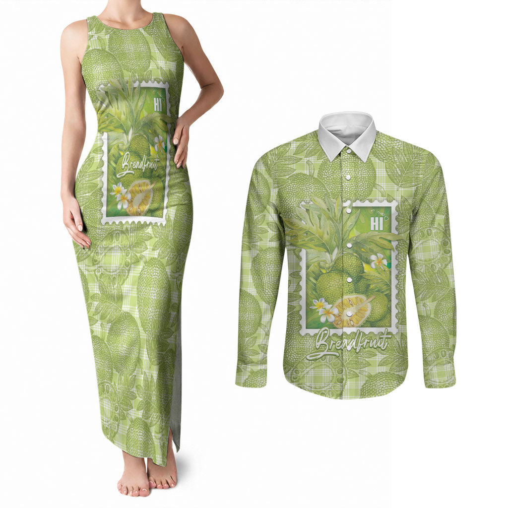 Aloha Hawaii Ulu Palaka Motifs Couples Matching Tank Maxi Dress and Long Sleeve Button Shirt Hawaiian Breadfruit Stylized Stamp LT14 Green - Polynesian Pride