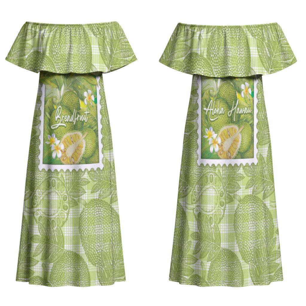 Aloha Hawaii Ulu Palaka Motifs Family Matching Off Shoulder Maxi Dress and Hawaiian Shirt Hawaiian Breadfruit Stylized Stamp LT14 Mom's Dress Green - Polynesian Pride
