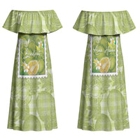 Aloha Hawaii Ulu Palaka Motifs Family Matching Off Shoulder Maxi Dress and Hawaiian Shirt Hawaiian Breadfruit Stylized Stamp LT14 Mom's Dress Green - Polynesian Pride