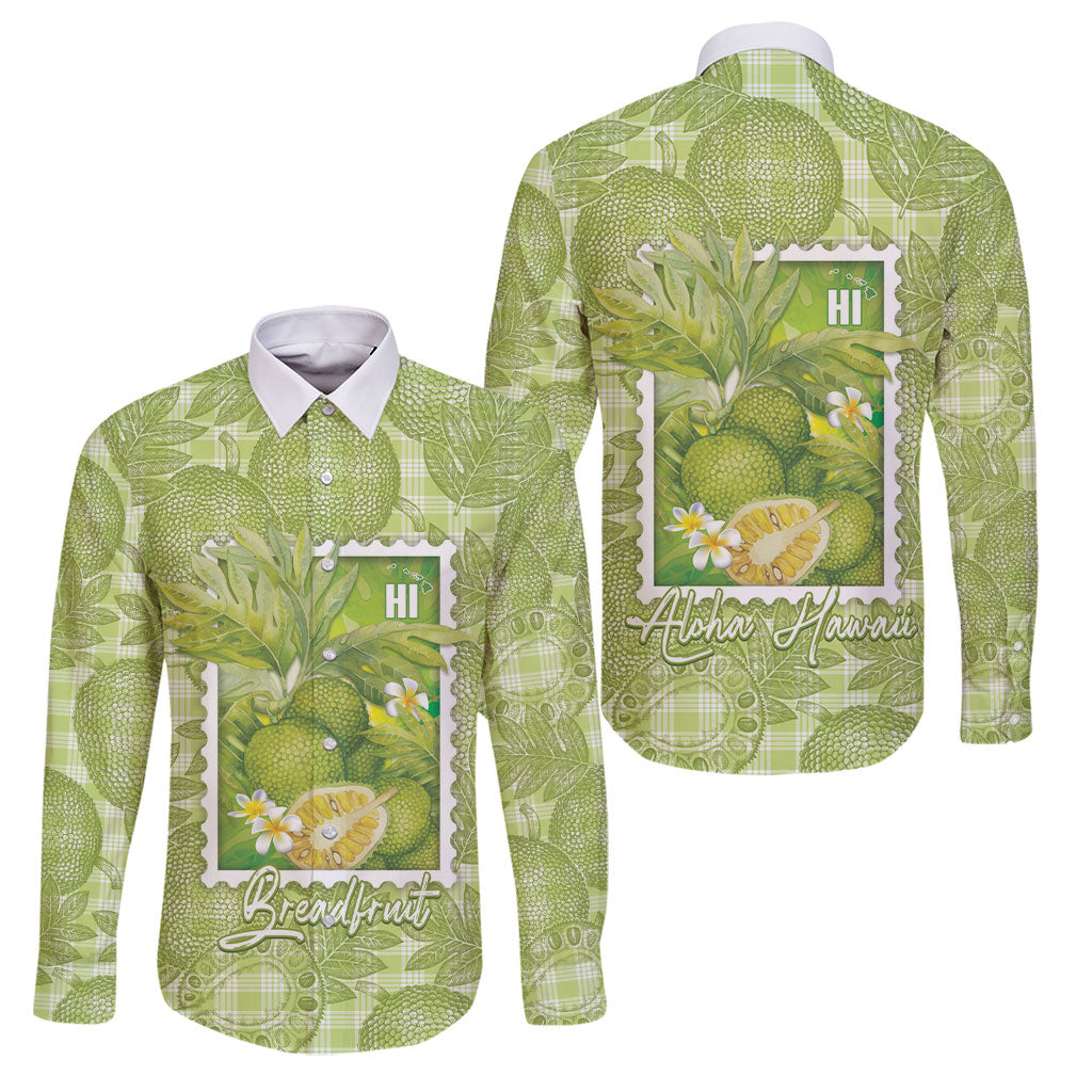 Aloha Hawaii Ulu Palaka Motifs Family Matching Off Shoulder Maxi Dress and Hawaiian Shirt Hawaiian Breadfruit Stylized Stamp LT14 Dad's Shirt - Long Sleeve Green - Polynesian Pride