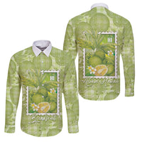 Aloha Hawaii Ulu Palaka Motifs Family Matching Off Shoulder Maxi Dress and Hawaiian Shirt Hawaiian Breadfruit Stylized Stamp LT14 Dad's Shirt - Long Sleeve Green - Polynesian Pride
