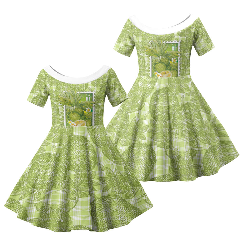 Aloha Hawaii Ulu Palaka Motifs Family Matching Off Shoulder Maxi Dress and Hawaiian Shirt Hawaiian Breadfruit Stylized Stamp LT14 Daughter's Dress Green - Polynesian Pride
