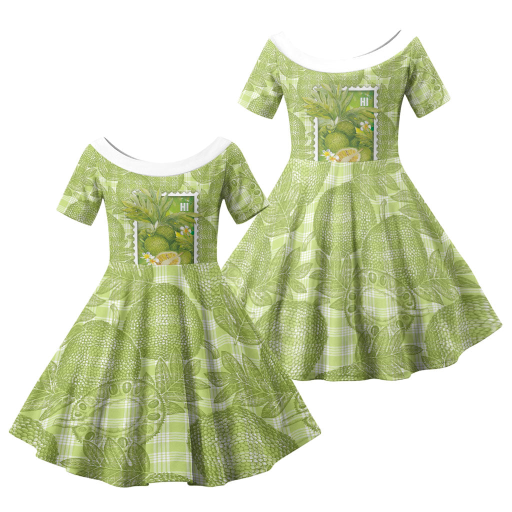 Aloha Hawaii Ulu Palaka Motifs Family Matching Off Shoulder Short Dress and Hawaiian Shirt Hawaiian Breadfruit Stylized Stamp LT14 Daughter's Dress Green - Polynesian Pride