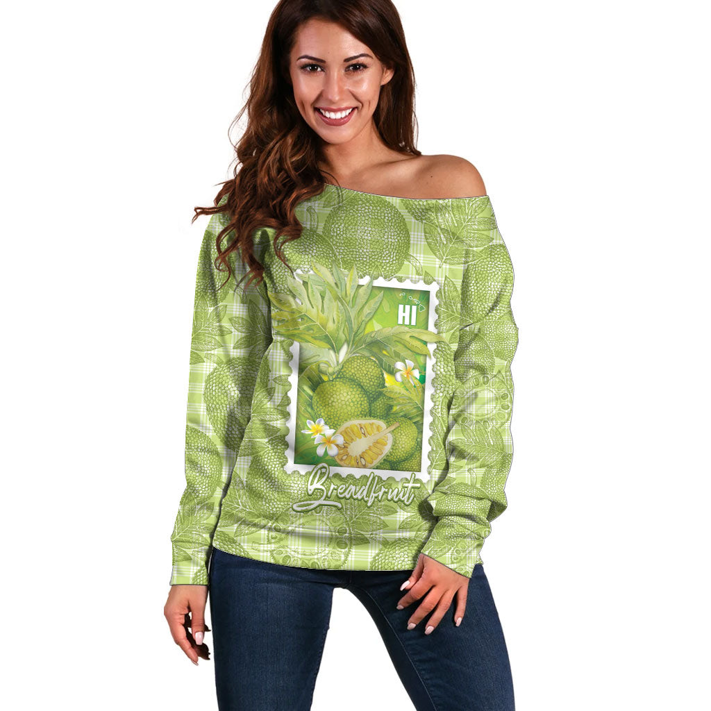 Aloha Hawaii Ulu Palaka Motifs Off Shoulder Sweater Hawaiian Breadfruit Stylized Stamp LT14 Women Green - Polynesian Pride