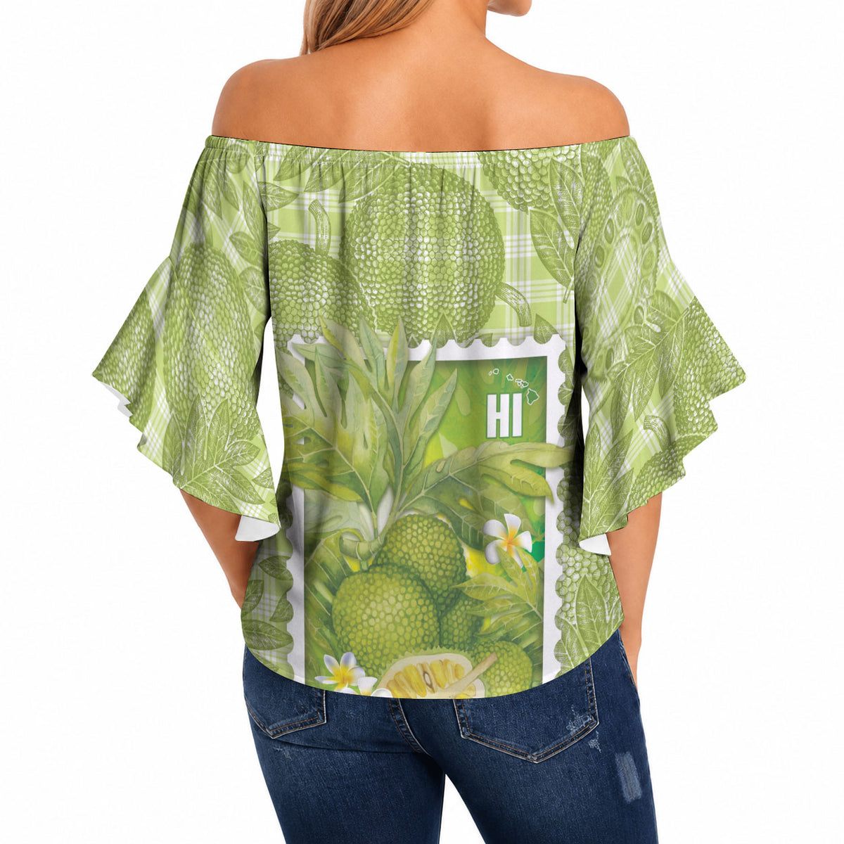 Aloha Hawaii Ulu Palaka Motifs Off Shoulder Wrap Waist Top Hawaiian Breadfruit Stylized Stamp LT14 - Polynesian Pride