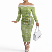 Aloha Hawaii Ulu Palaka Motifs Off The Shoulder Long Sleeve Dress Hawaiian Breadfruit Stylized Stamp LT14 Women Green - Polynesian Pride