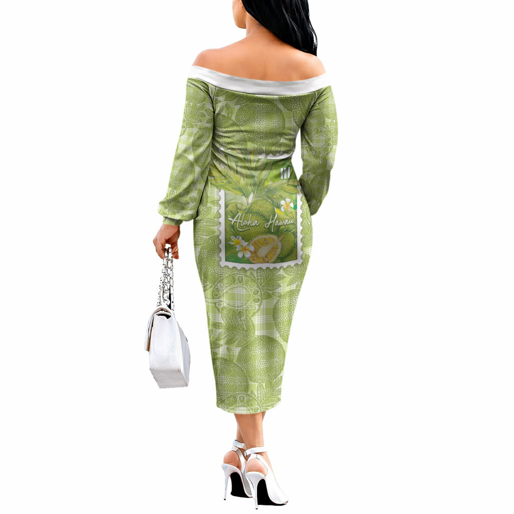 Aloha Hawaii Ulu Palaka Motifs Off The Shoulder Long Sleeve Dress Hawaiian Breadfruit Stylized Stamp LT14 - Polynesian Pride