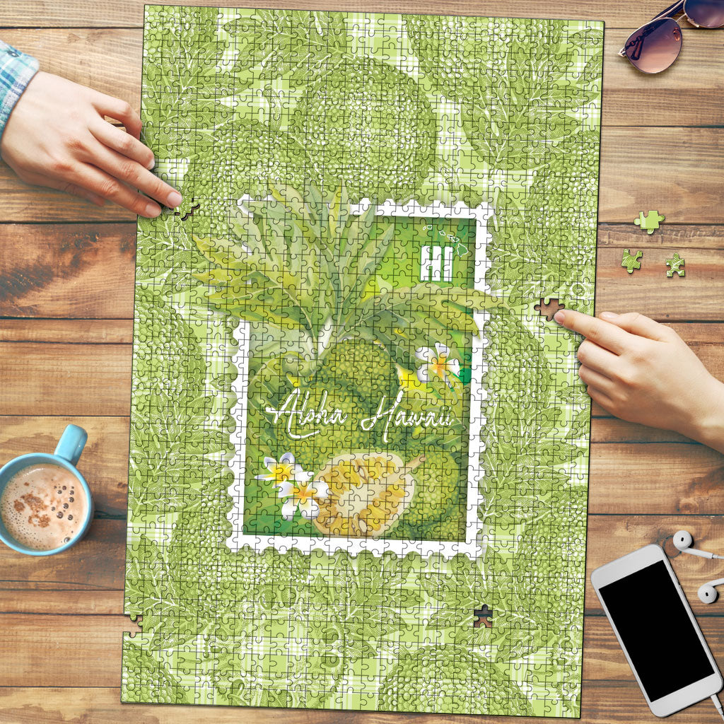 Aloha Hawaii Ulu Palaka Motifs Puzzle Hawaiian Breadfruit Stylized Stamp LT14 Green - Polynesian Pride