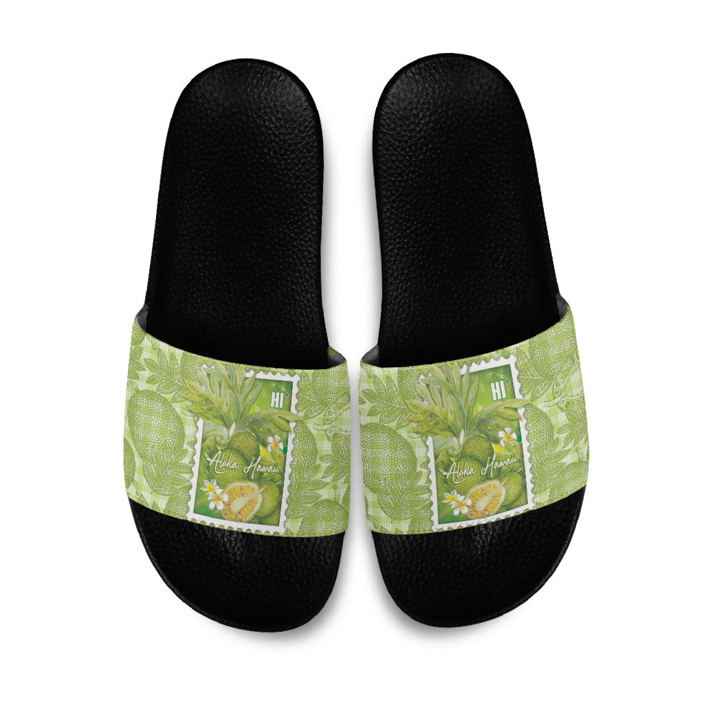 Aloha Hawaii Ulu Palaka Motifs Slide Sandals Hawaiian Breadfruit Stylized Stamp LT14 Green - Polynesian Pride
