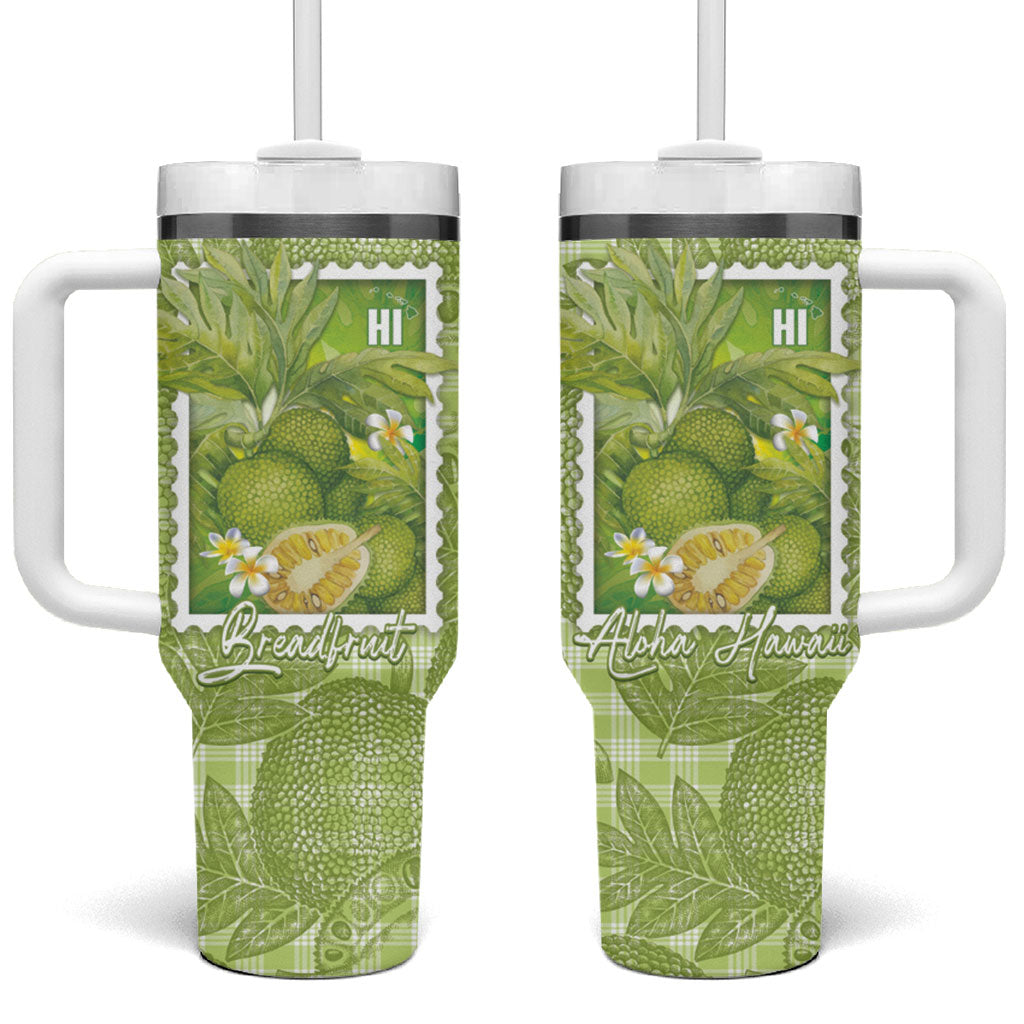 Aloha Hawaii Ulu Palaka Motifs Tumbler With Handle Hawaiian Breadfruit Stylized Stamp LT14 One Size: 40 oz Green - Polynesian Pride